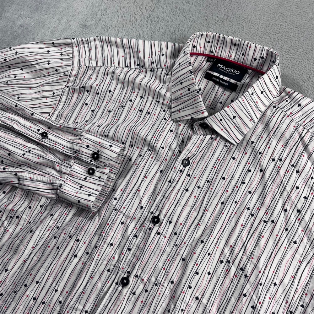 Maczoo Mens XL Italian Fabric Button Down Shirt White Stripe Playing Card Suits
